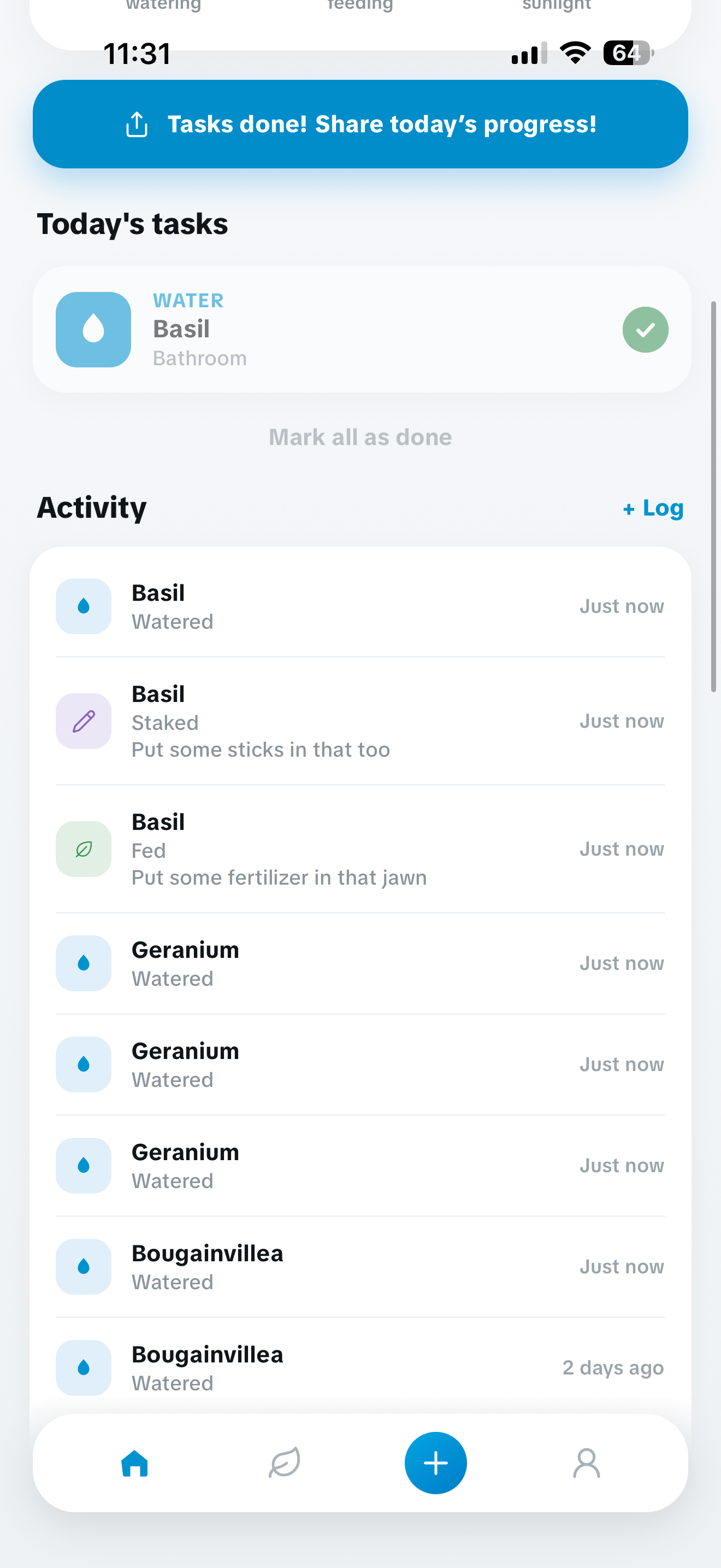 The activity log in Kipos, showing watering, feeding and a custom care entry.