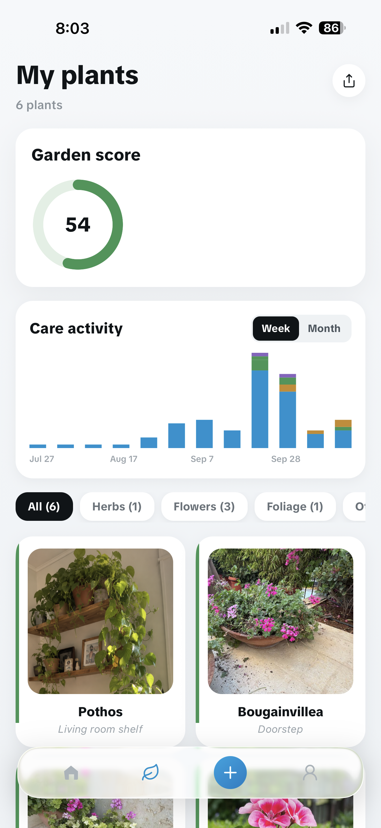 The My plants screen in Kipos, with a garden score, a care activity chart and photos of six plants.