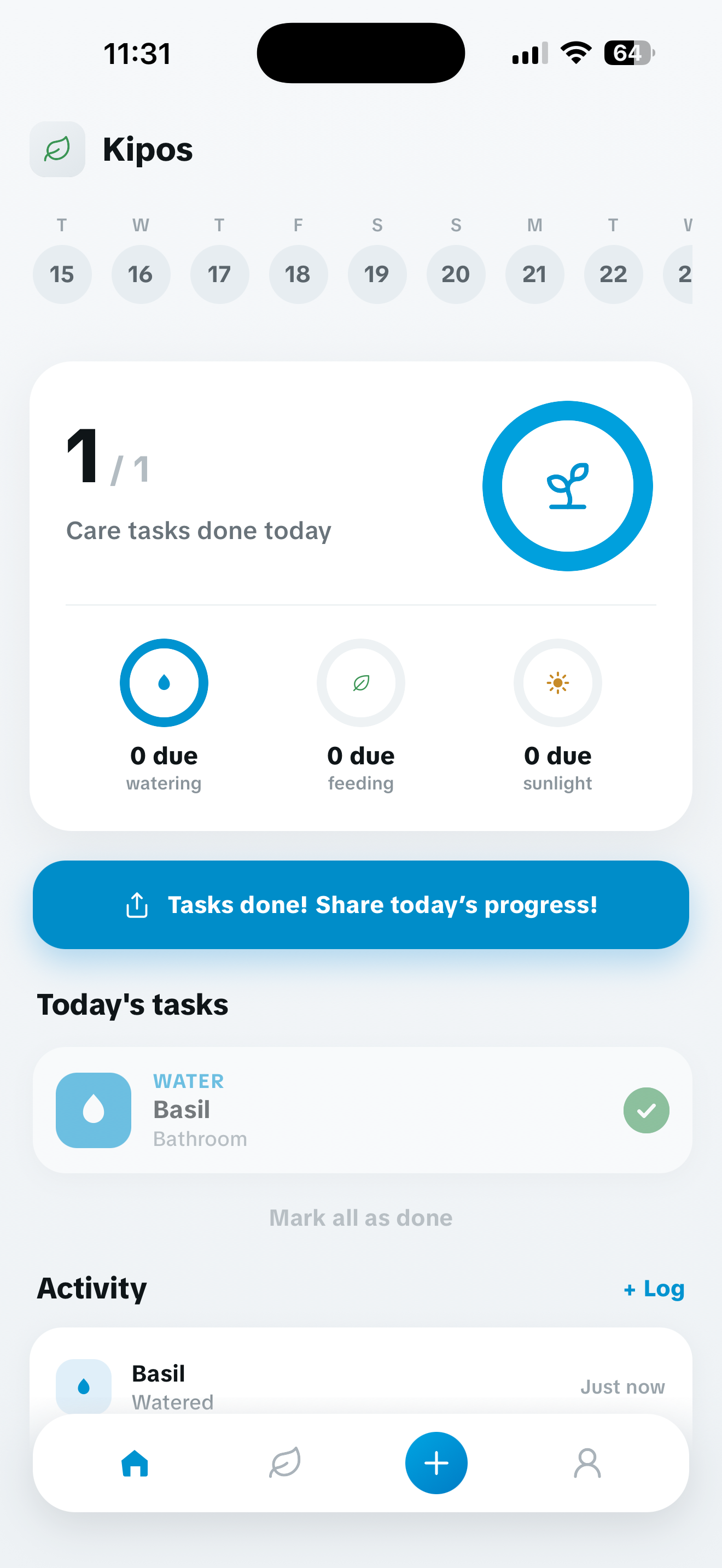 The Kipos home screen, showing a completed watering task and recent care activity.